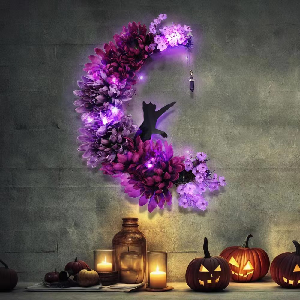 🎃Halloween Wreath Moon Decorations Purple Floral Cat Door Sign Hanging Ornament Wall 