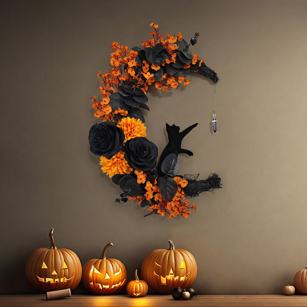 🎃Halloween Wreath Moon Decorations Purple Floral Cat Door Sign Hanging Ornament Wall 