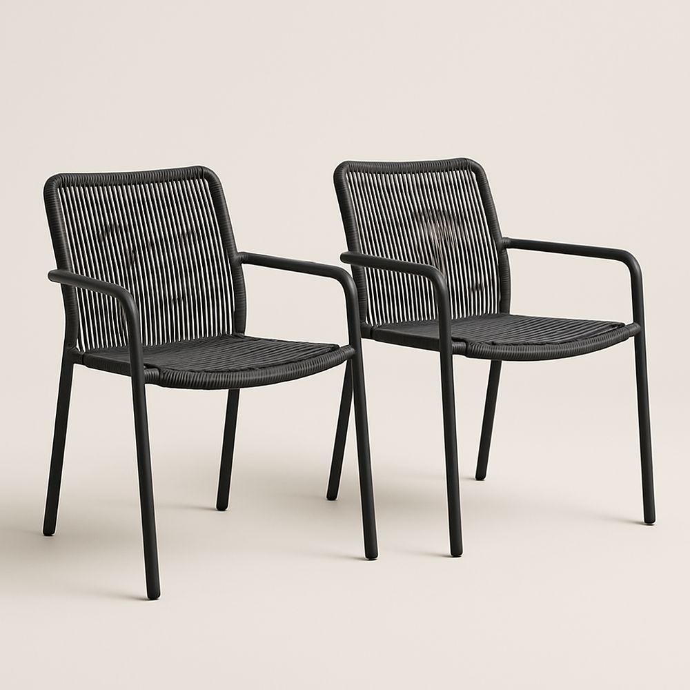 2er Set Gartenstühle Schwarz Aluminium Polyrattan 55x60x85 cm-Casabrillia