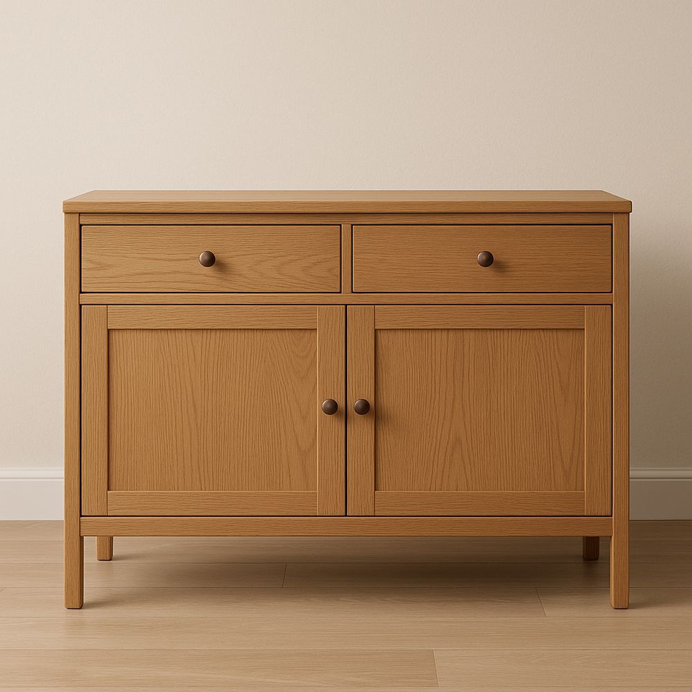 Sideboard mit Schubladen und Türen aus Eichenholz, 90 cm Länge, 40 cm Breite, 75 cm Höhe, Braun-Casabrillia