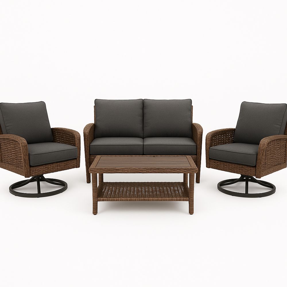 3-teiliges Sitzgruppe aus Geflecht Braun Stahl Grau Kissen-Casabrillia