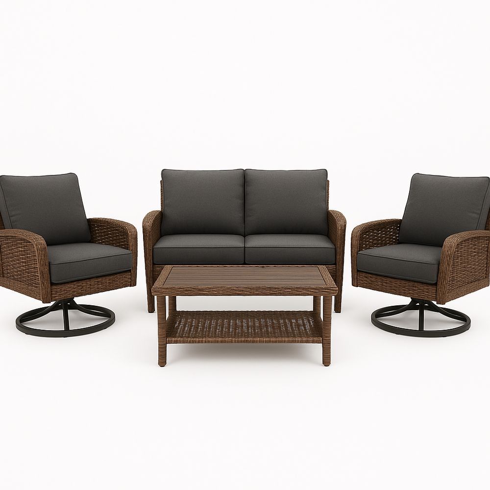 3-teiliges Sitzgruppe aus Geflecht Braun Stahl Grau Kissen-Casabrillia