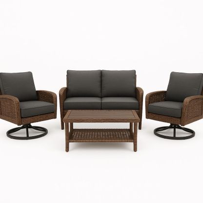 3-teiliges Sitzgruppe aus Geflecht Braun Stahl Grau Kissen-Casabrillia