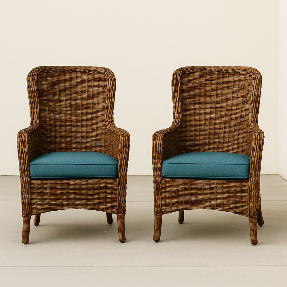 Gartenstuhl Set aus Rattan mit blauen Kissen 2er-Set 90cm Höhe-Casabrillia