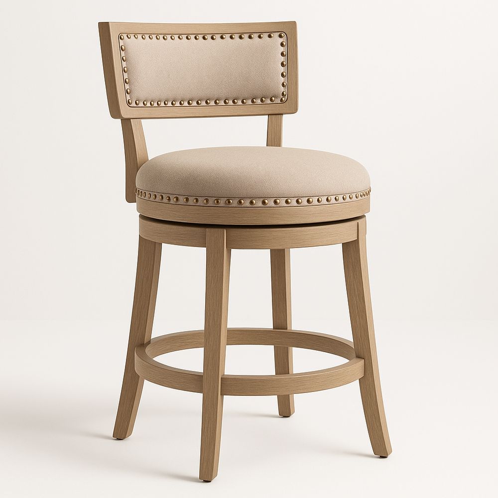 Barhocker mit Rückenlehne, Holz/Bezug aus Stoff, Beige, Sitz Ø 40 cm, Gesamthöhe 95 cm-Casabrillia