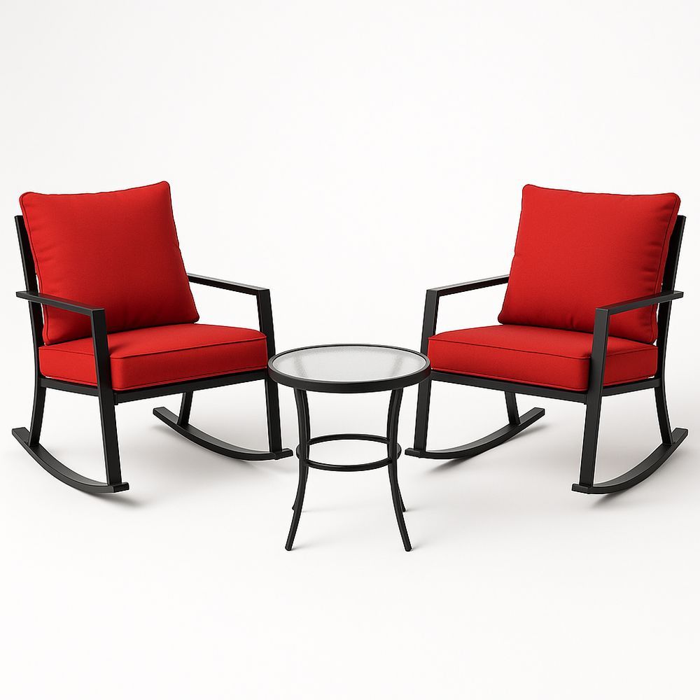 Gartenschaukelstühle Set mit Tisch Aluminium Rot Glas Ø 50 cm-Casabrillia