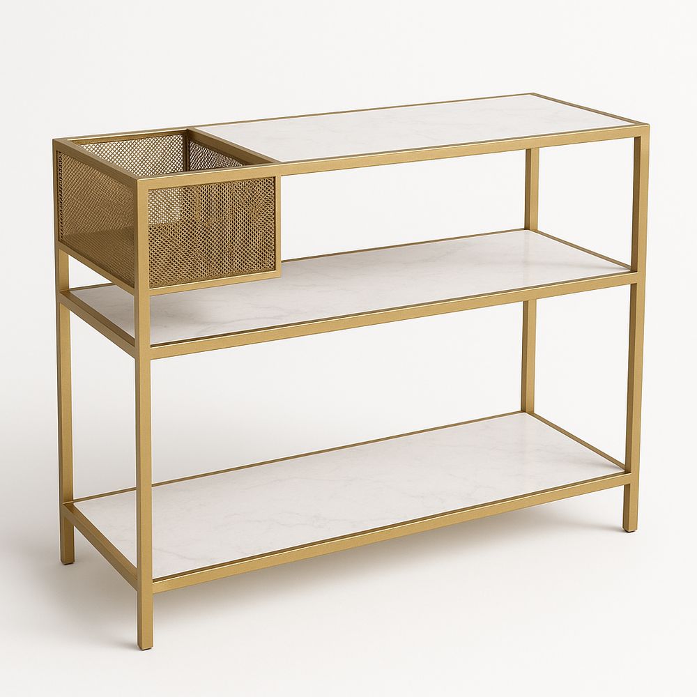 Regal mit drei Ebenen in goldfarbenem Metallrahmen und weißem Marmor-Laminat-Casabrillia