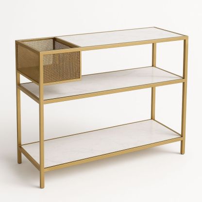 Regal mit drei Ebenen in goldfarbenem Metallrahmen und weißem Marmor-Laminat-Casabrillia