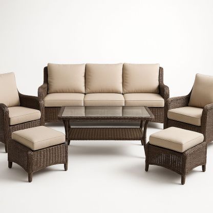Gartenmöbel-Set Rattan Braun Polyester Sitzkissen Gehärtetes Glas Tisch-Casabrillia