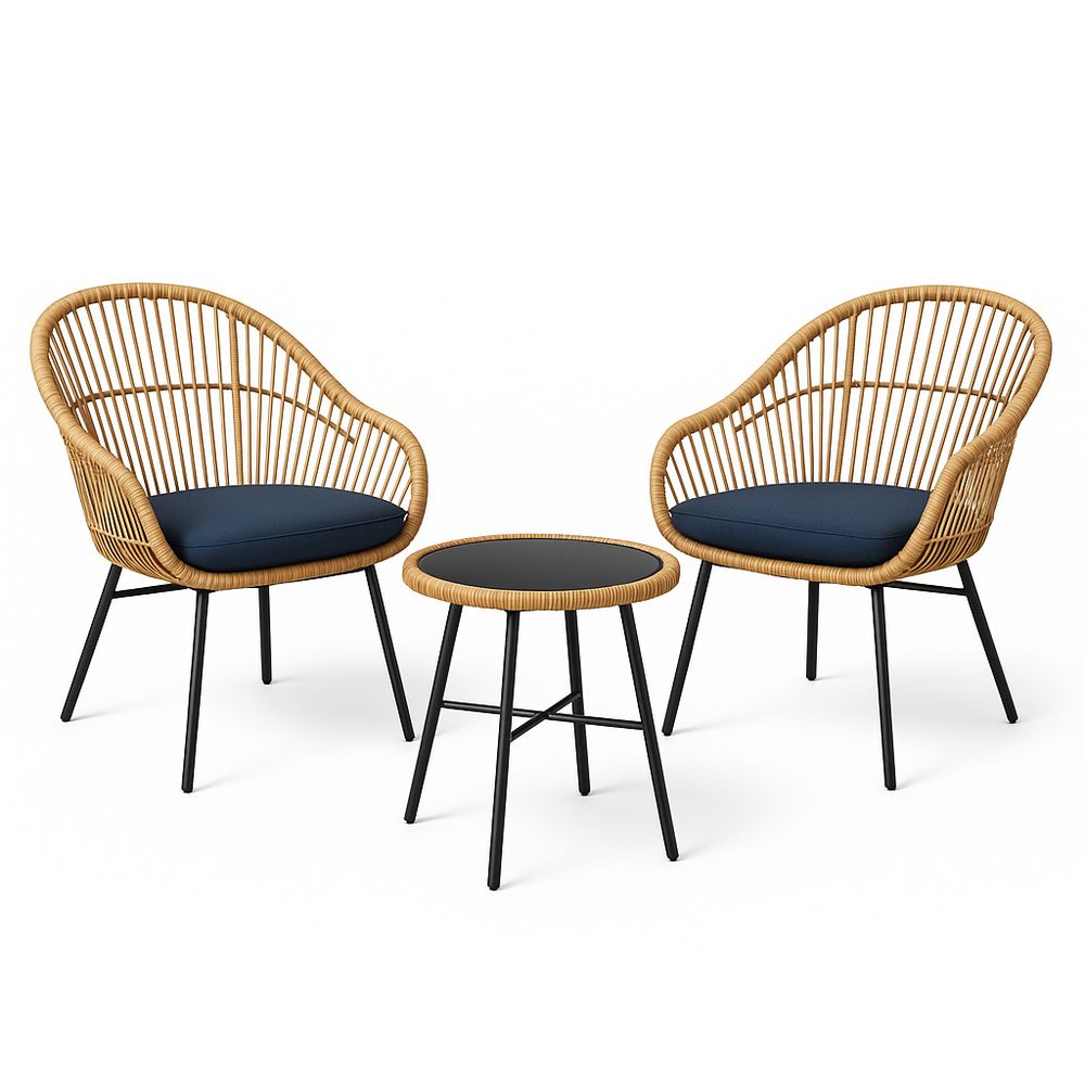 Rattan Balkonmöbel Set 2 Sessel und Tisch in Natur/Schwarz mit Polster-Casabrillia