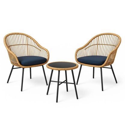 Rattan Balkonmöbel Set 2 Sessel und Tisch in Natur/Schwarz mit Polster-Casabrillia