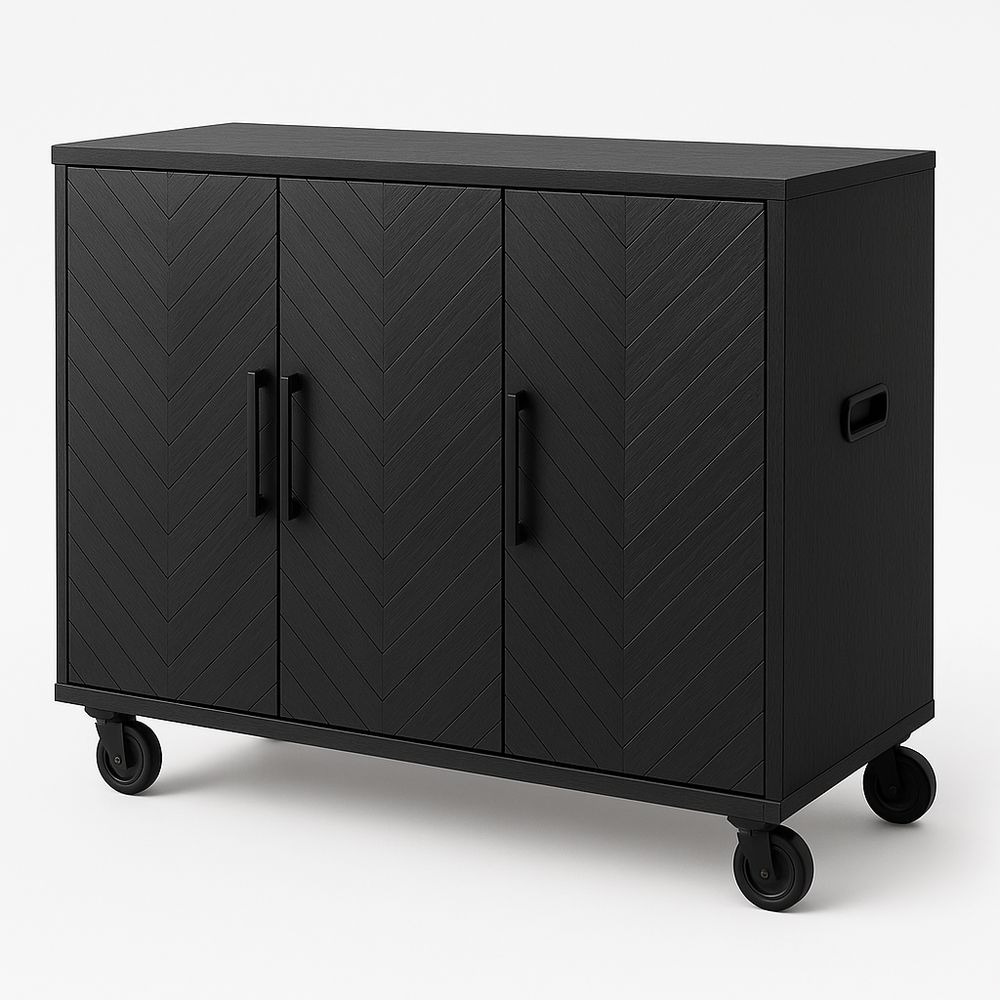 Schwarzer Servierwagen Holzoptik mit Rollen 3 Türen 90x40x85 cm-Casabrillia