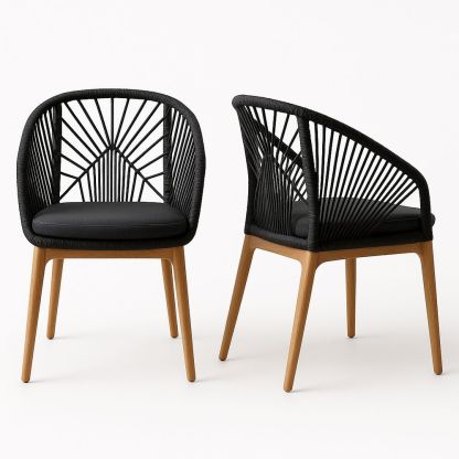 Esszimmerstuhl Schwarz Holzrahmen Geflochtenes Seil H82cm B58cm T56cm-Casabrillia