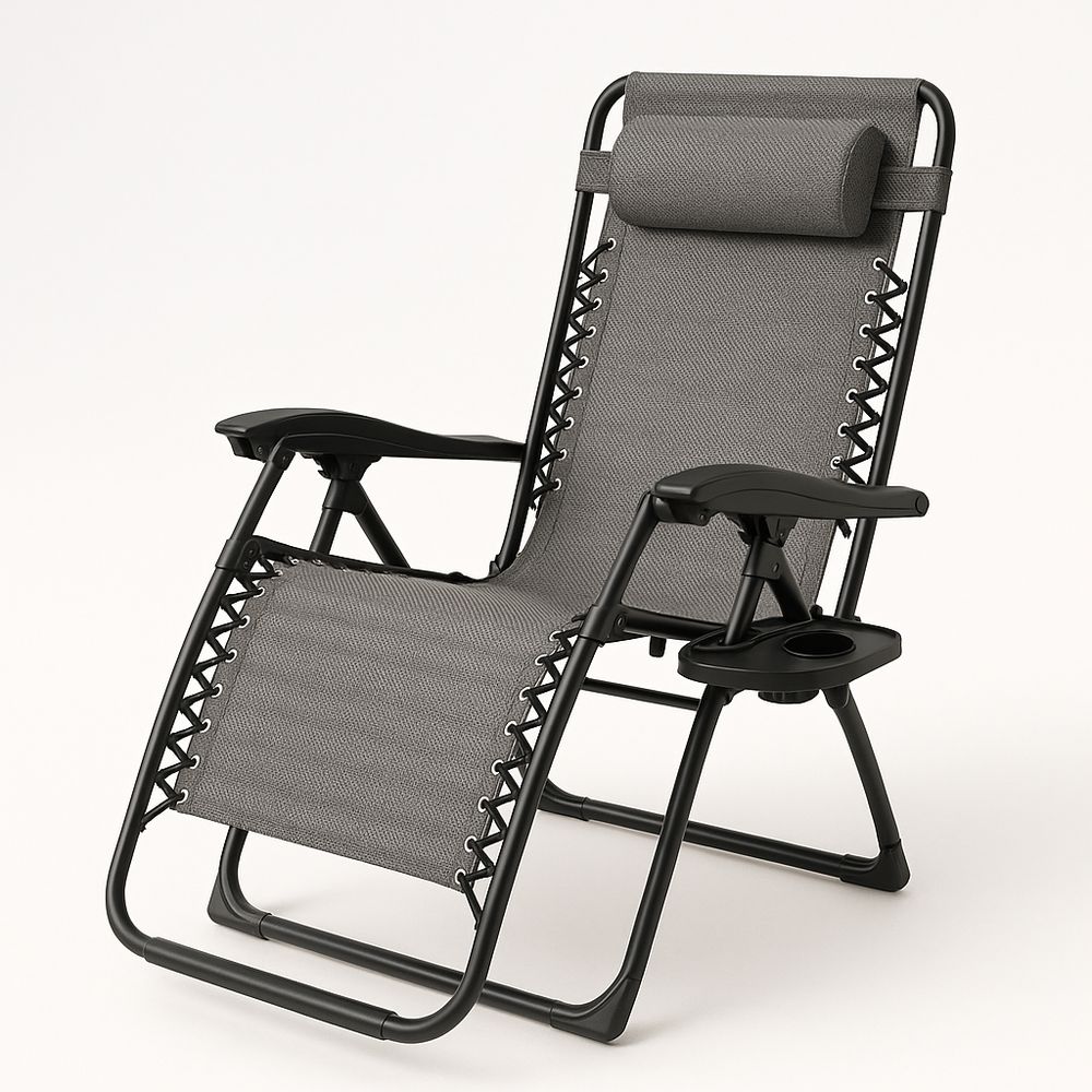Verstellbarer Gartenliegestuhl mit Kopfstütze und Becherhalter Grau Stahl Polyestergeflecht 65x90x110 cm-Casabrillia