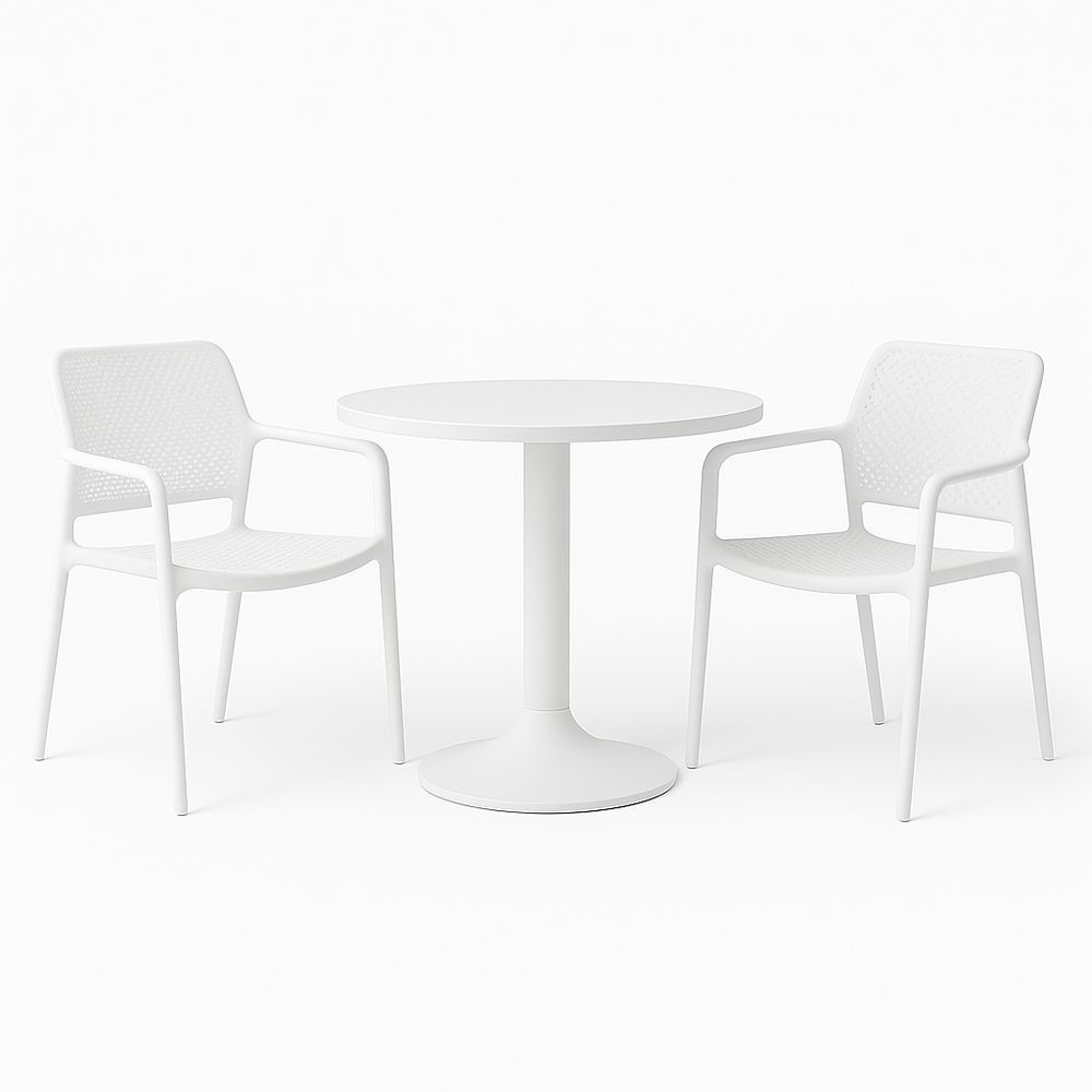 Runder Bistroset aus Kunststoff in Weiß, Tisch Ø 70 cm, Stühle 52x55 cm-Casabrillia