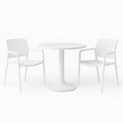 Runder Bistroset aus Kunststoff in Weiß, Tisch Ø 70 cm, Stühle 52x55 cm-Casabrillia