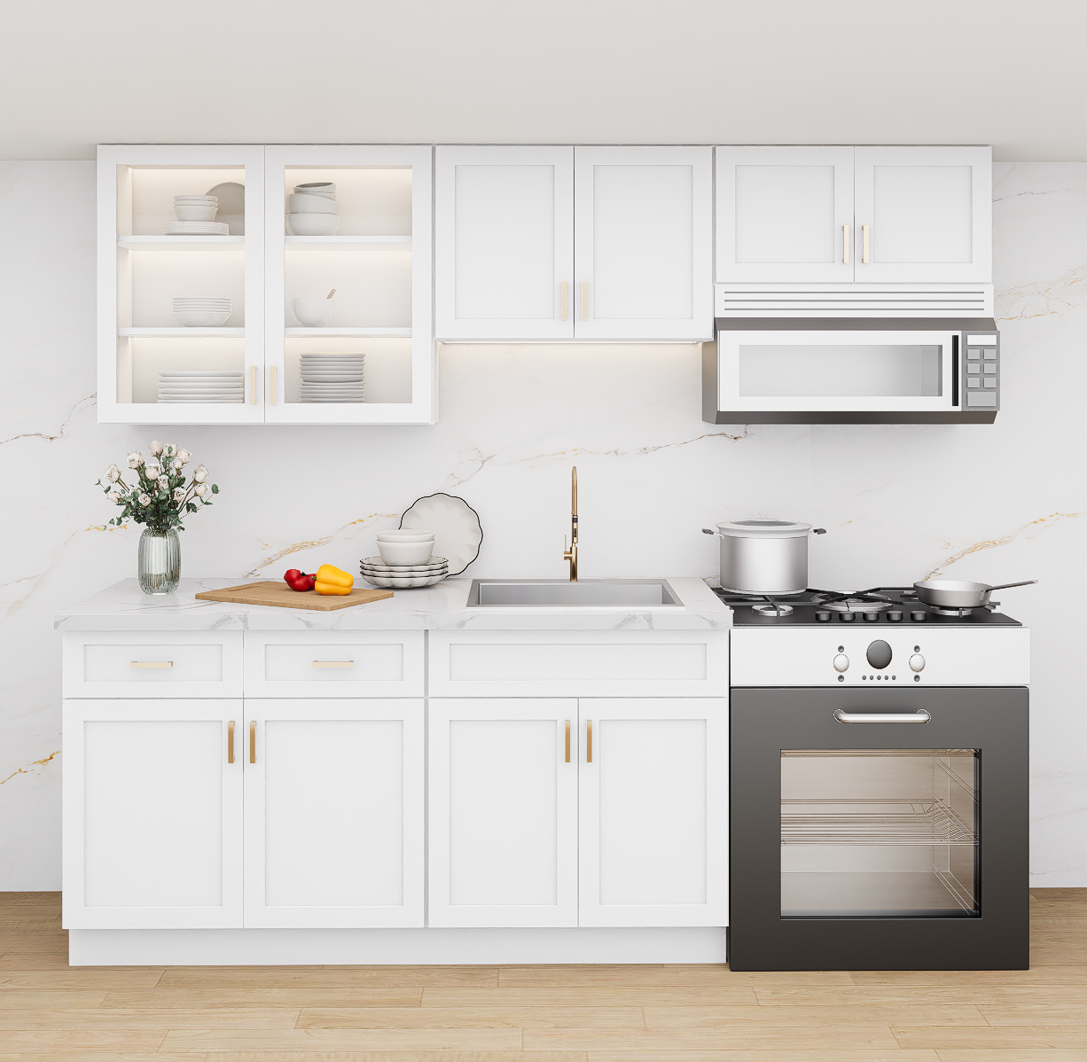 White Kitchen Cabinet Set For I-shape Layout Kitchen Compatible with 84-inch kitchens Small Space 