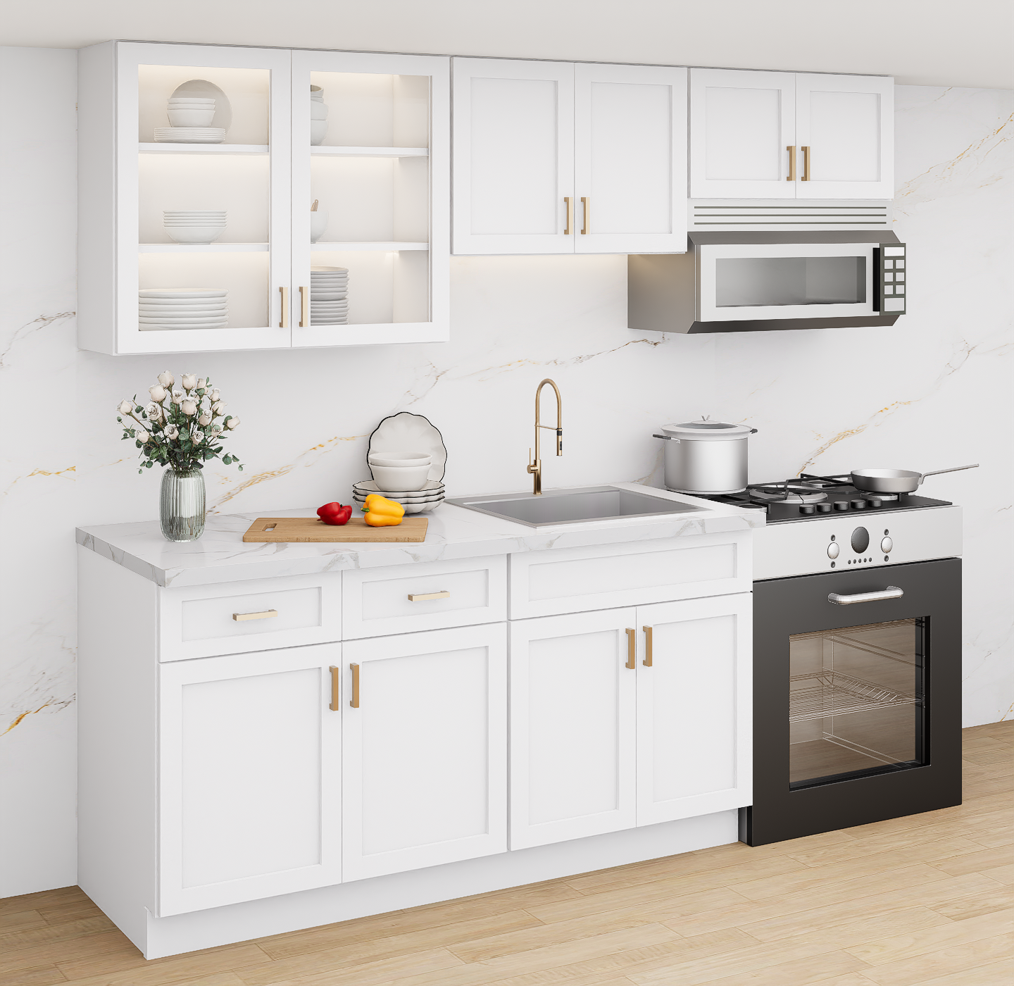 White Kitchen Cabinet Set For I-shape Layout Kitchen Compatible with 84-inch kitchens Small Space 