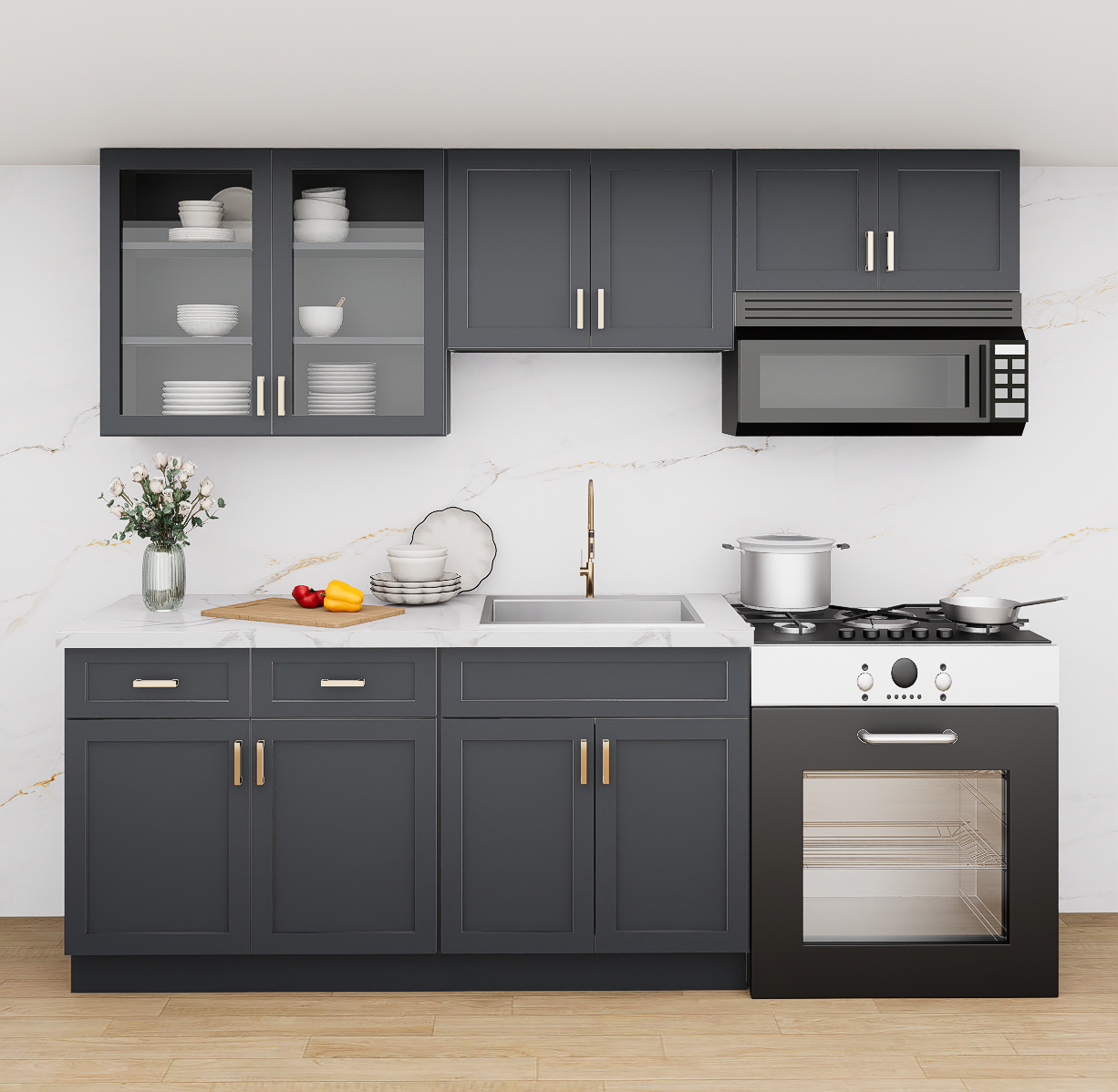 Graphite Kitchen Cabinet Set For I-shape Layout Kitchen Compatible with 84-inch kitchens Small Space 