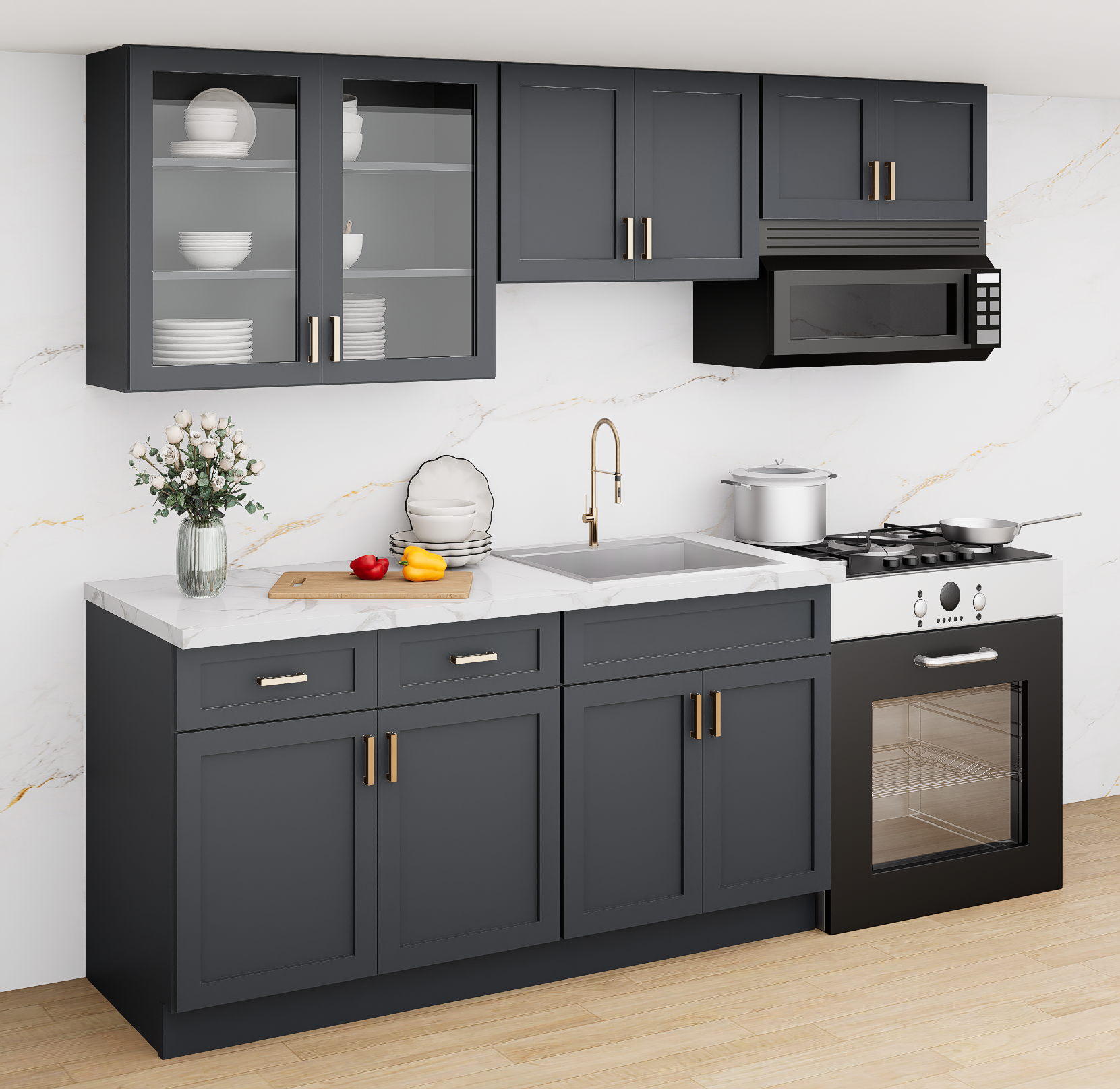 Graphite Kitchen Cabinet Set For I-shape Layout Kitchen Compatible with 84-inch kitchens Small Space 