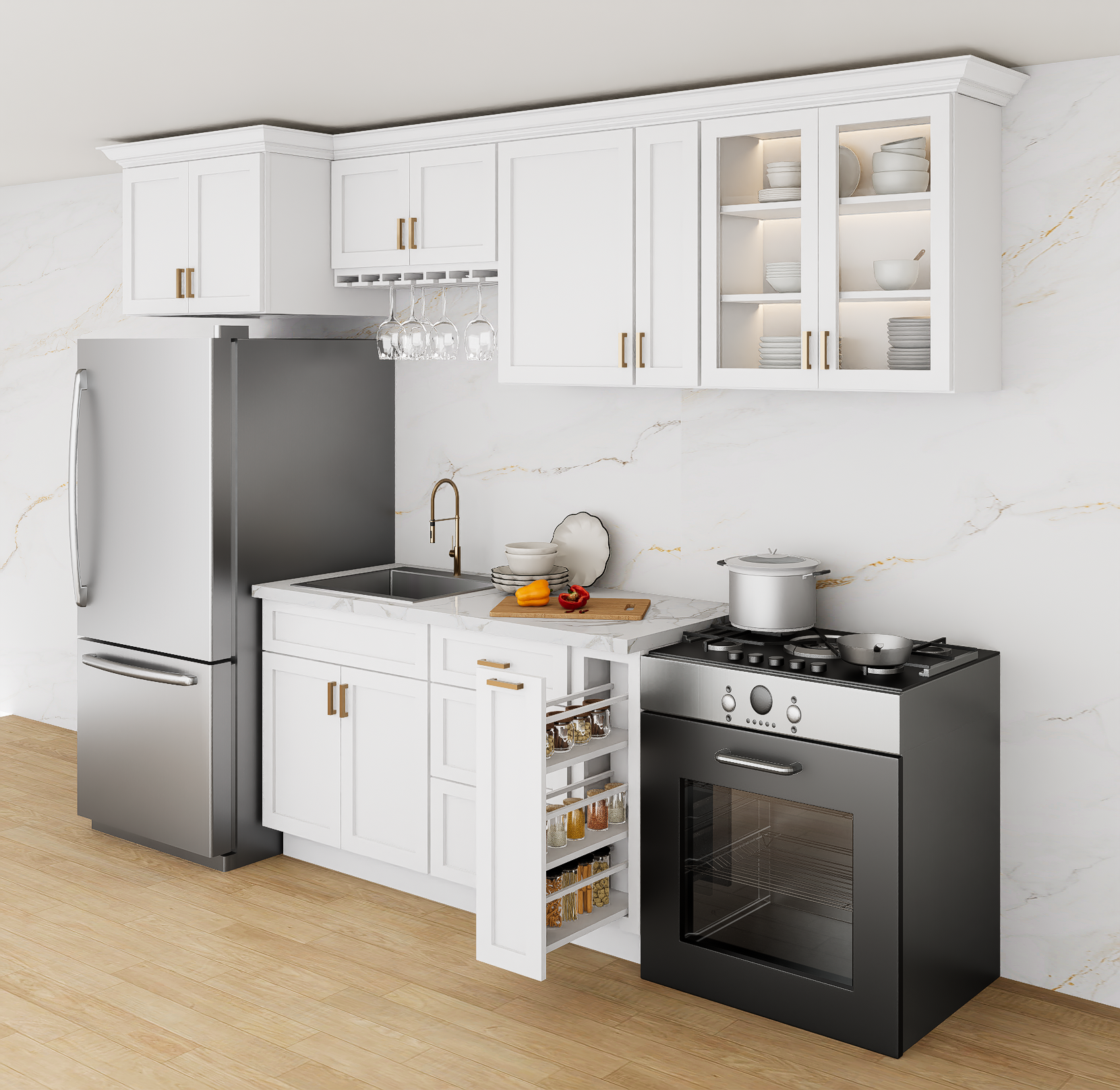 White Kitchen Cabinet Set For I-shape Layout Kitchen Compatible with 84-inch kitchens Small Space 