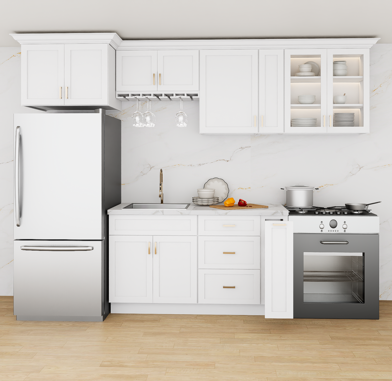 White Kitchen Cabinet Set For I-shape Layout Kitchen Compatible with 84-inch kitchens Small Space 