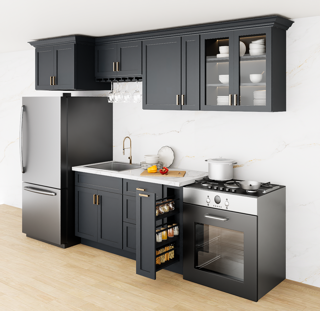 Graphite Kitchen Cabinet Set For I-shape Layout Kitchen Compatible with 84-inch kitchens Small Space 