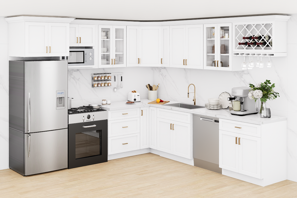White Kitchen Cabinet Set For L-shape Layout Kitchen Compatible with 96-inch kitchens Small Space 