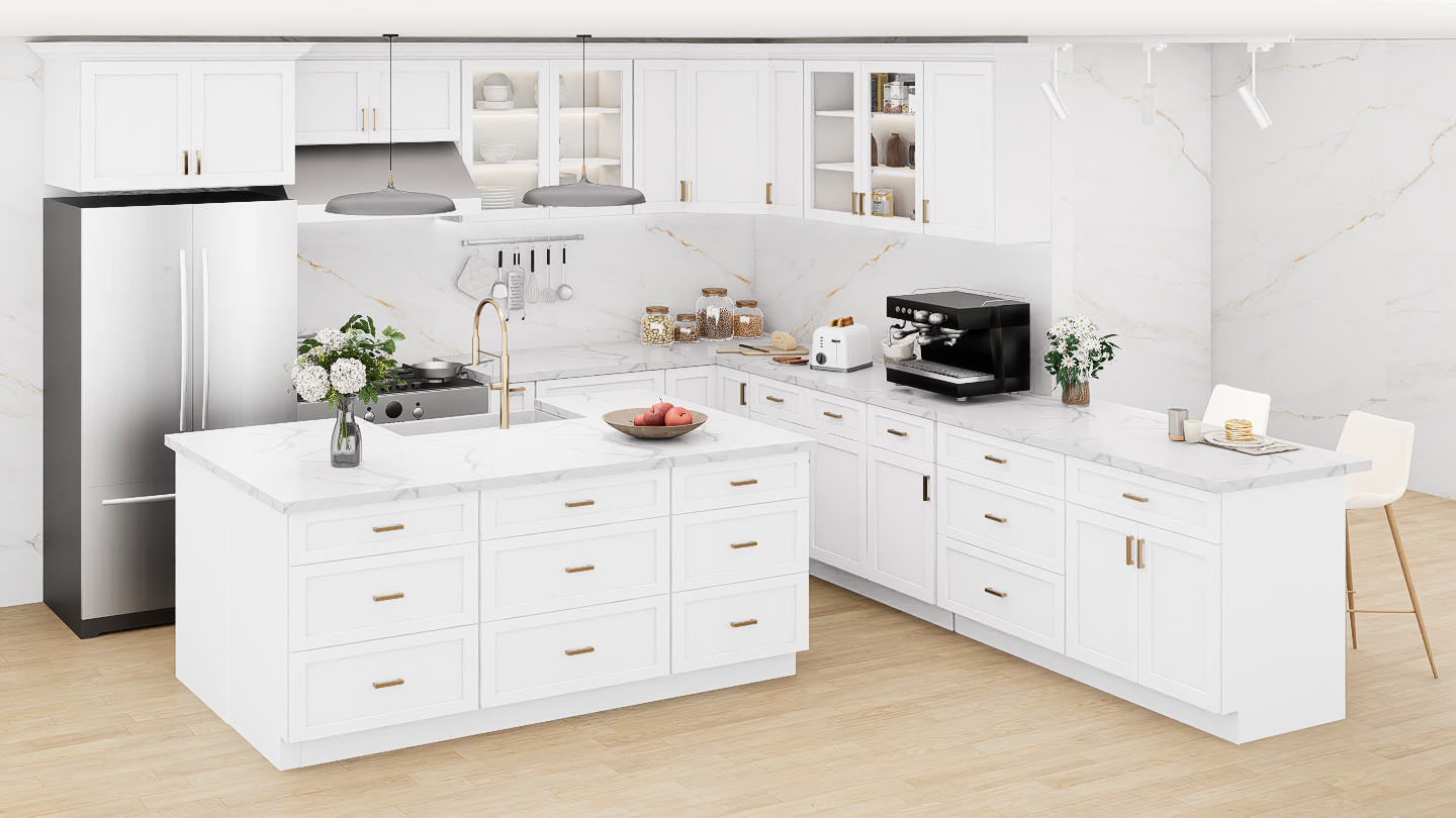 White Kitchen Cabinet Set For L-shape Layout Kitchen Compatible with 96-inch kitchens Small Space 