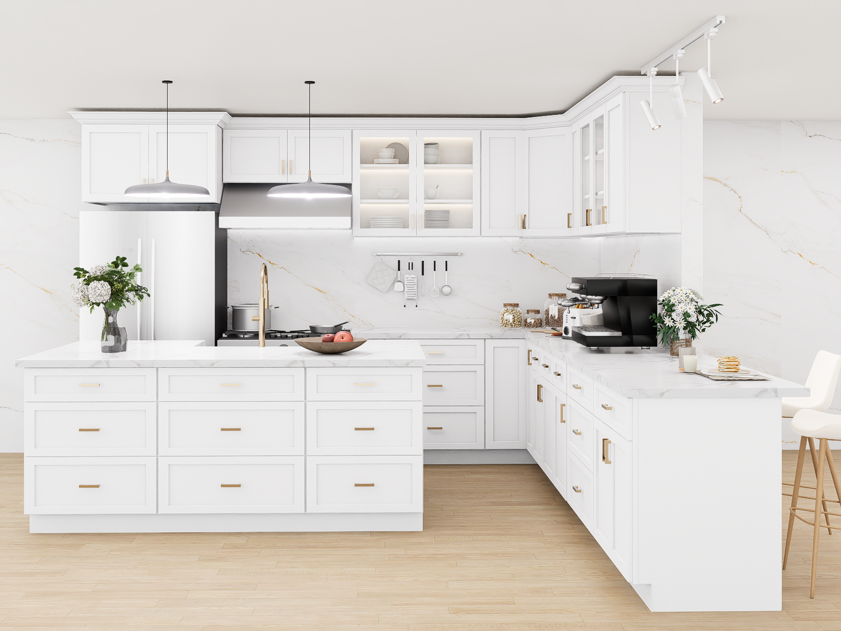 White Kitchen Cabinet Set For L-shape Layout Kitchen Compatible with 96-inch kitchens Small Space 