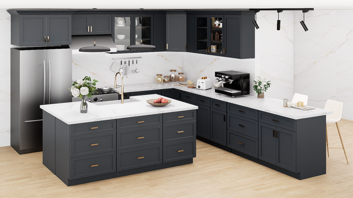 Graphite Kitchen Cabinet Set For L-shape Layout Kitchen Compatible with 96-inch kitchens Small Space 