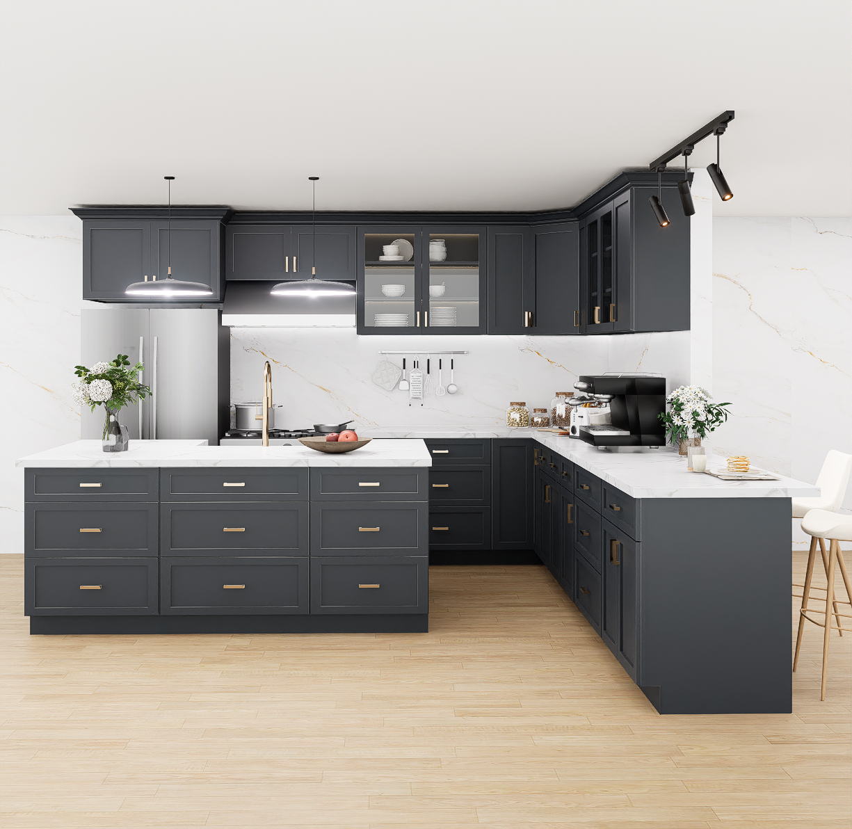 Graphite Kitchen Cabinet Set For L-shape Layout Kitchen Compatible with 96-inch kitchens Small Space 