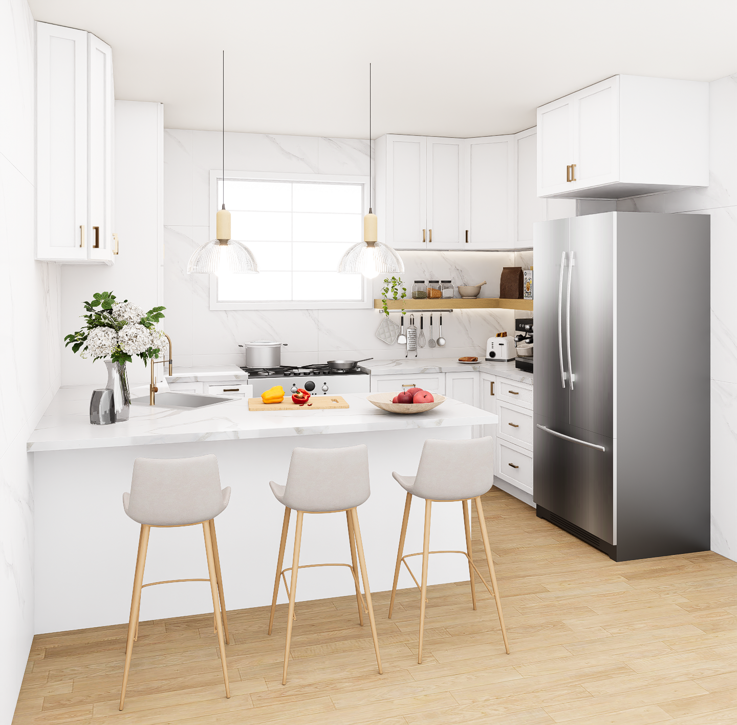 White Kitchen Cabinet Set For U-shape Layout Kitchen Compatible with 108-inch kitchens Small Space 