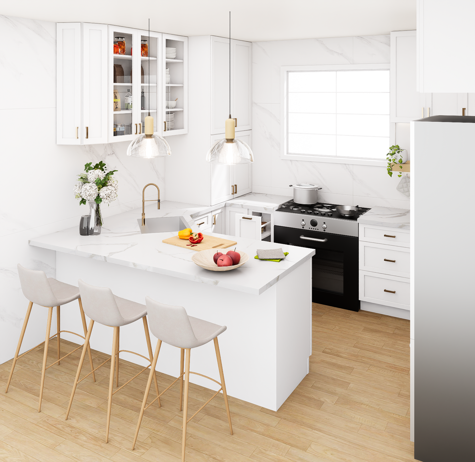 White Kitchen Cabinet Set For U-shape Layout Kitchen Compatible with 108-inch kitchens Small Space 