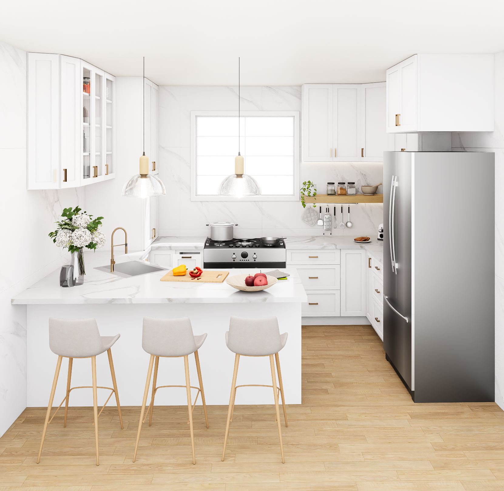 White Kitchen Cabinet Set For U-shape Layout Kitchen Compatible with 108-inch kitchens Small Space 