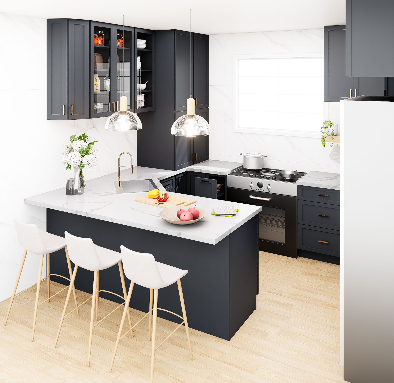 Graphite Kitchen Cabinet Set For U-shape Layout Kitchen Compatible with 108-inch kitchens Small Space 