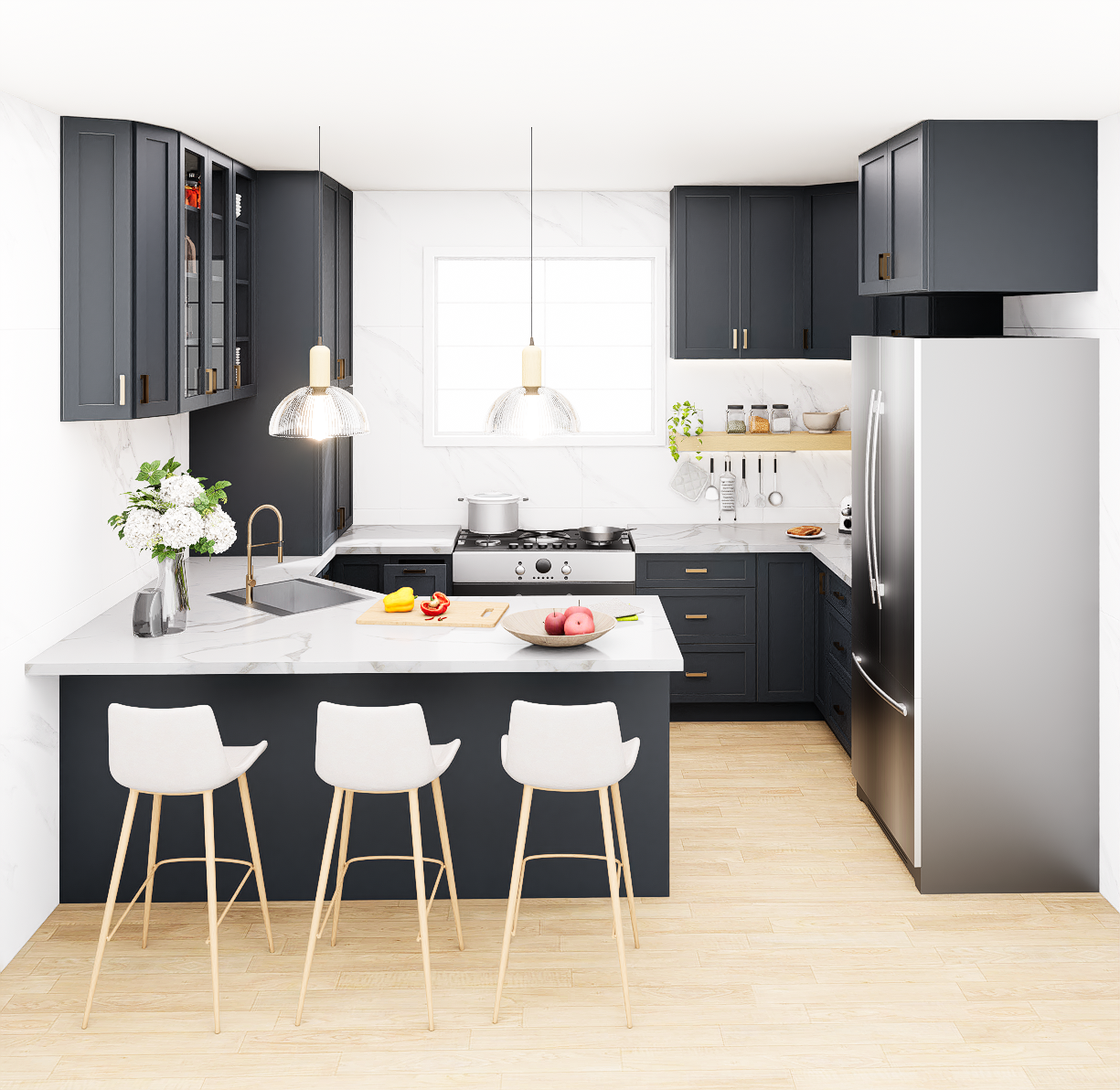 Graphite Kitchen Cabinet Set For U-shape Layout Kitchen Compatible with 108-inch kitchens Small Space 