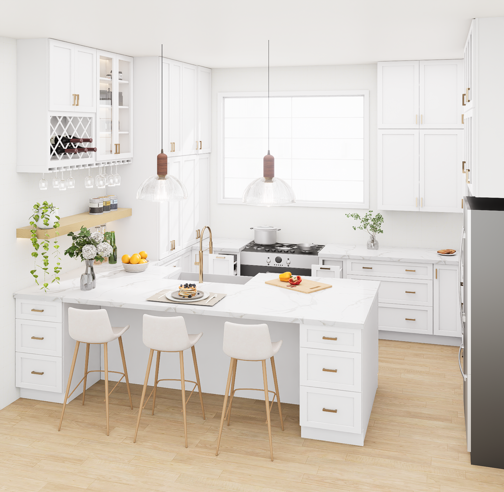 White Kitchen Cabinet Set For U-shape Layout Kitchen Compatible with 120-inch kitchens Small Space 
