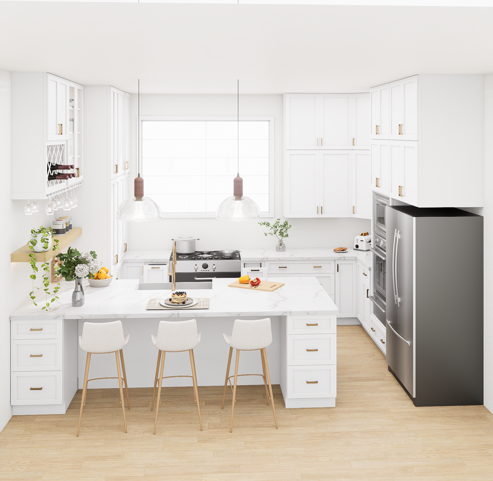 White Kitchen Cabinet Set For U-shape Layout Kitchen Compatible with 120-inch kitchens Small Space 