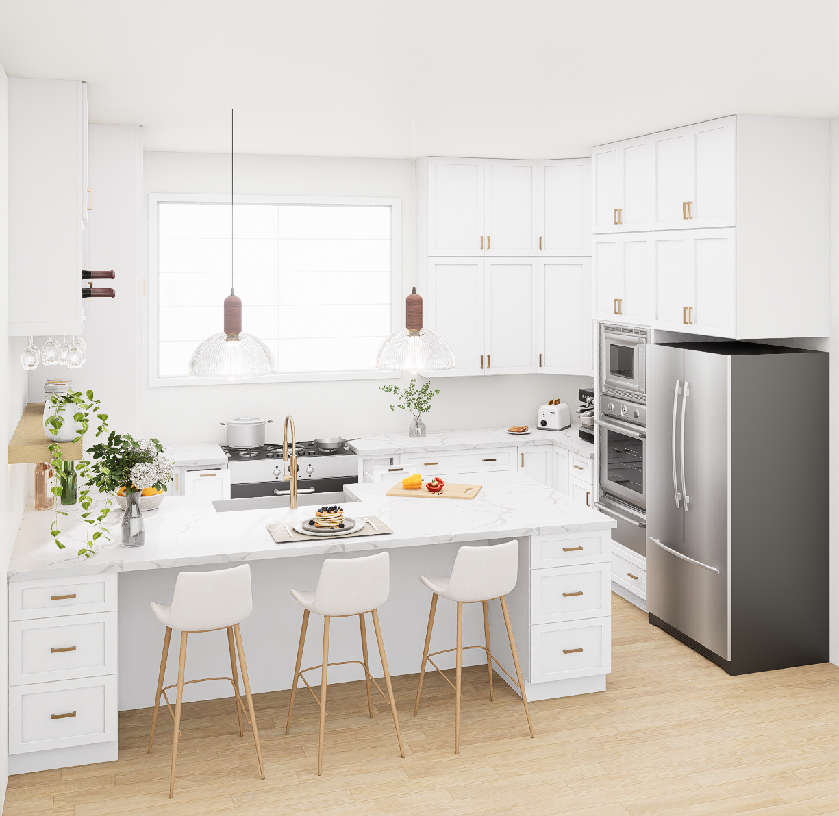 White Kitchen Cabinet Set For U-shape Layout Kitchen Compatible with 120-inch kitchens Small Space 