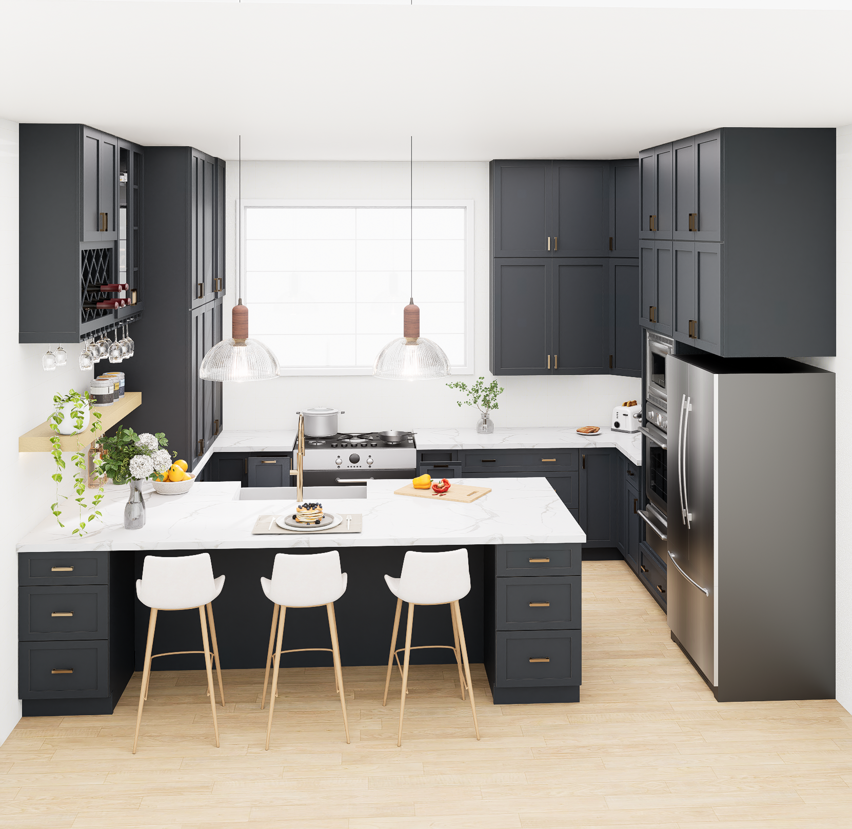 Graphite Kitchen Cabinet Set For U-shape Layout Kitchen Compatible with 120-inch kitchens Small Space 