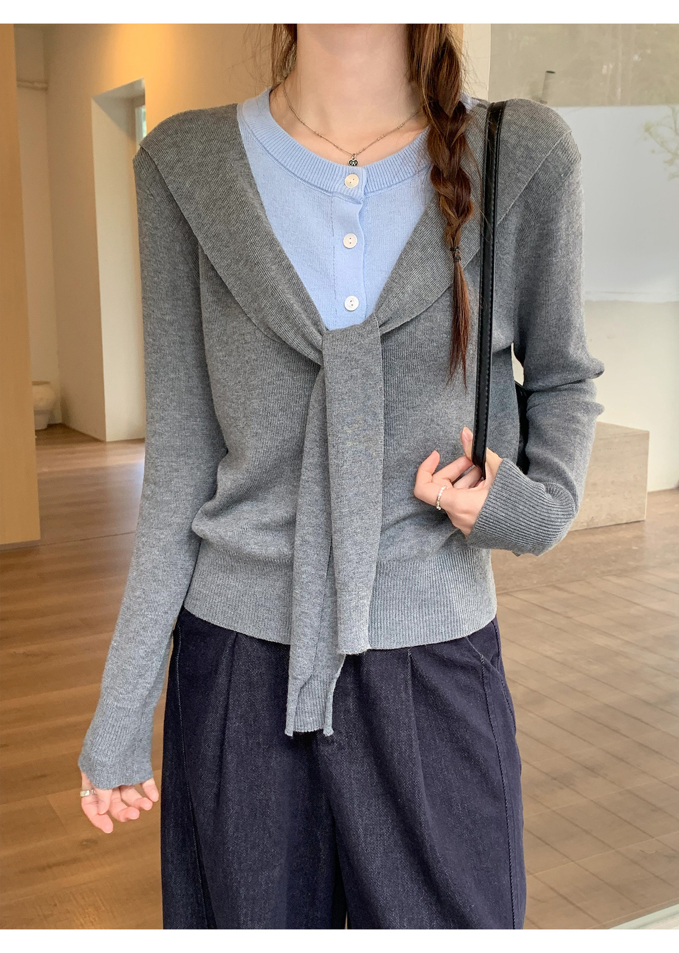2026 Spring Fashion Dresses|A simple, solid color, Faux two-layer long sleeved knitted sweater with a shawl|Women's New Loose and Slimming Top for Campus, Dates & the Office