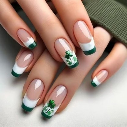 St. Patrick's Day Magic: Wearable Green French Manicure Nails with Clover Designs – Get Luck Instantly!