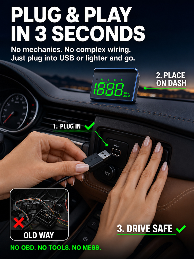 🚀 Smart HUD Display: 1-Sec plug to project speed on windshield, No more distracted driving!