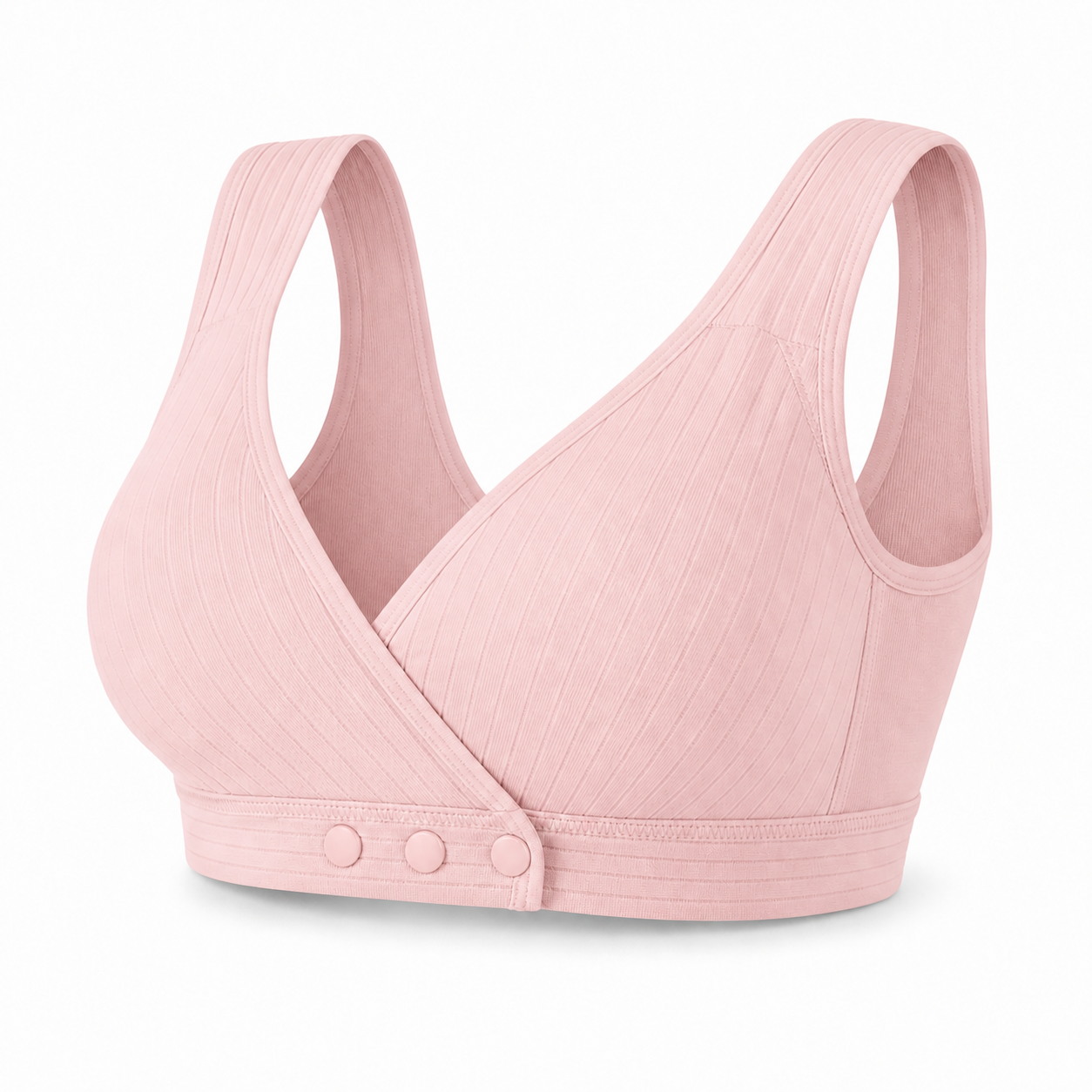 Pink front-closure wireless bra with wide straps