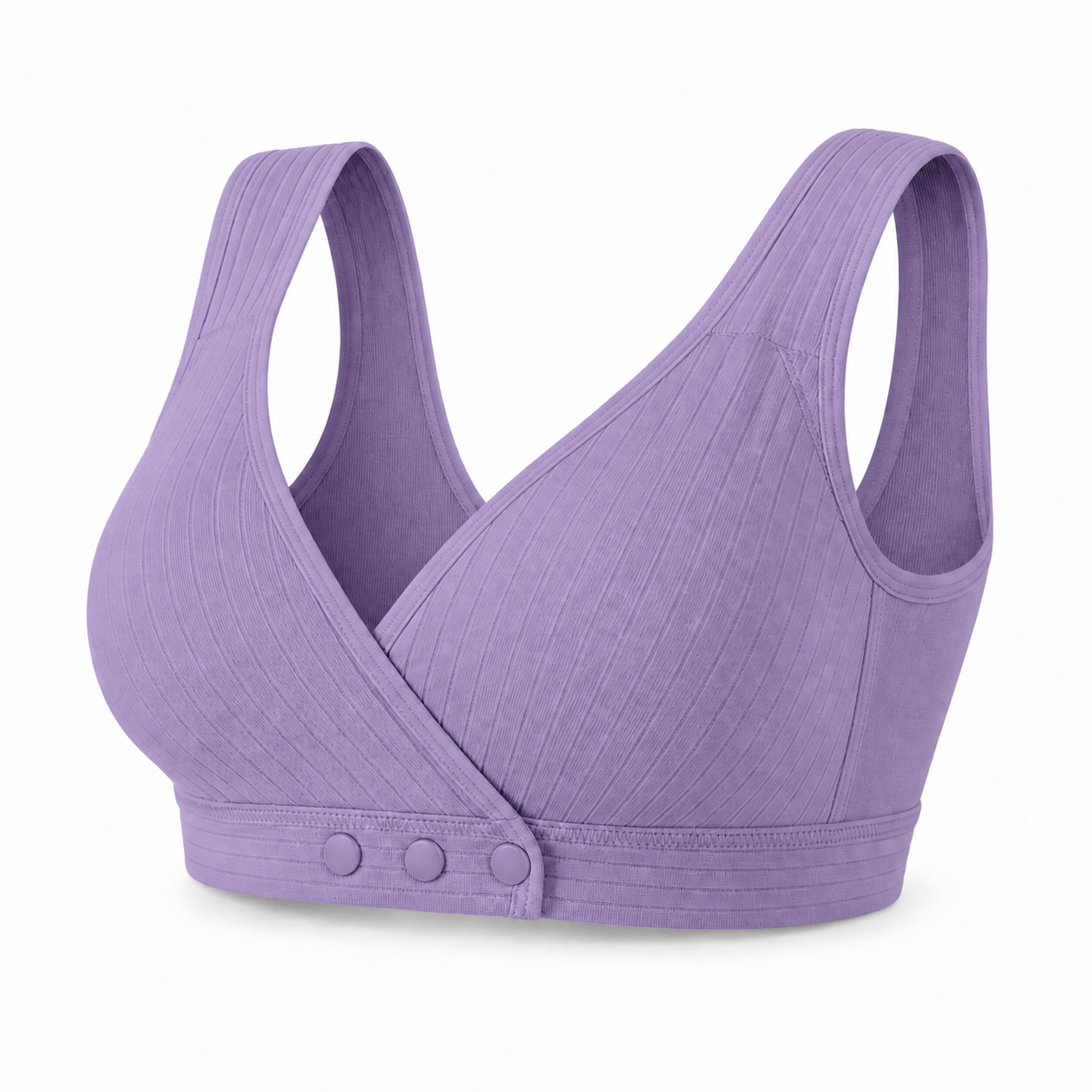 Purple front-closure wireless bra with wide straps