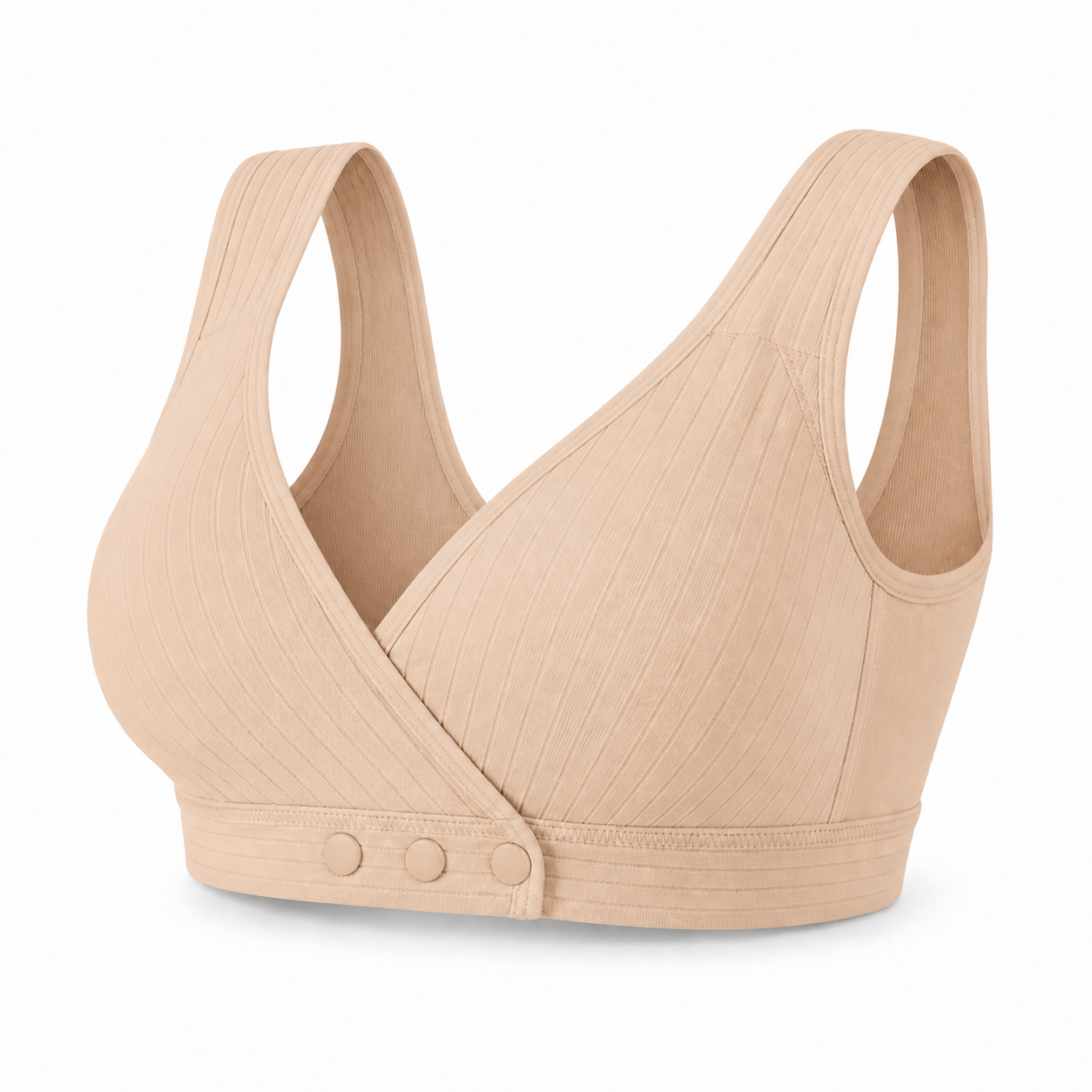 Nude front-closure wireless bra with wide straps