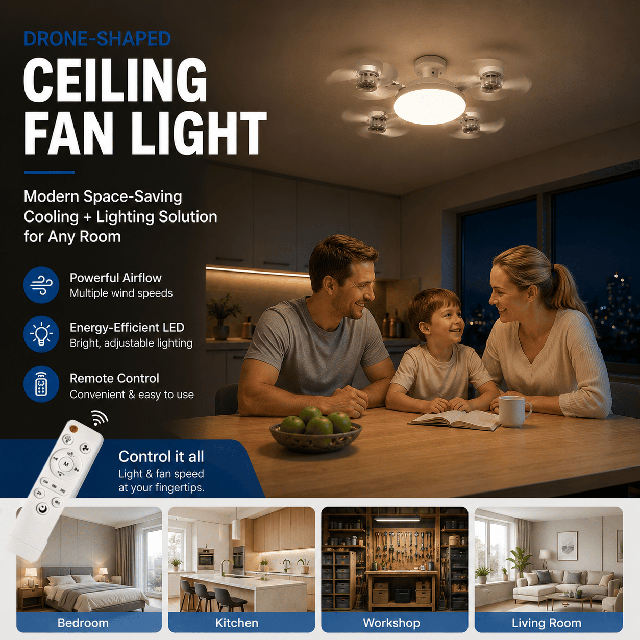 💡 Ceiling Fan with E27 Socket – Silent 2-in-1 LED Fan with Remote Control – Cool & Light in One 🏠