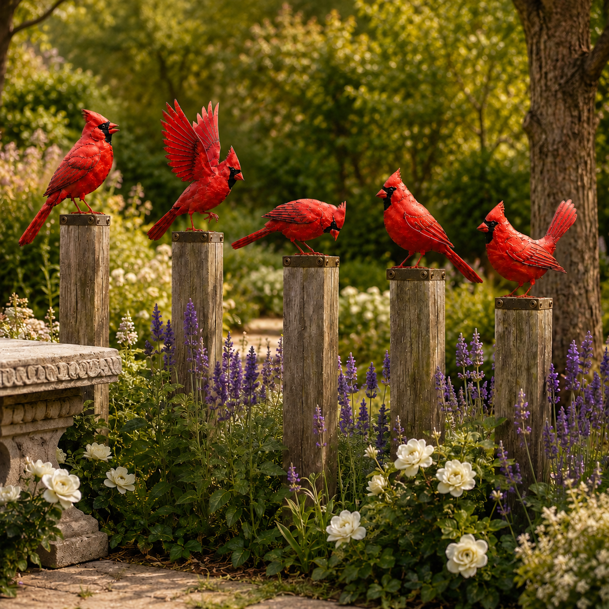 5-Piece Metal Cardinal Fence Post Decor Set