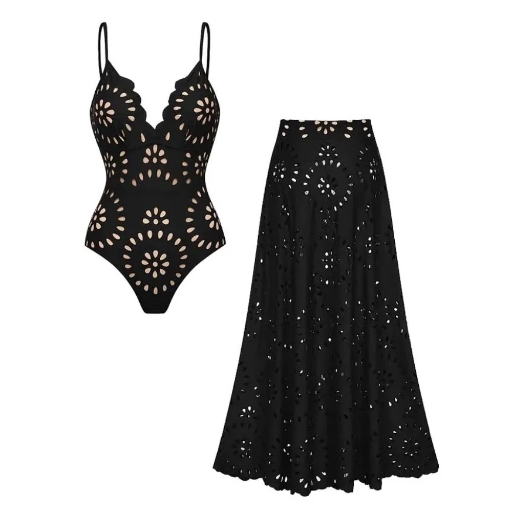 Laser Cutting Flower Hollow One Piece Swimsuit and Skirt